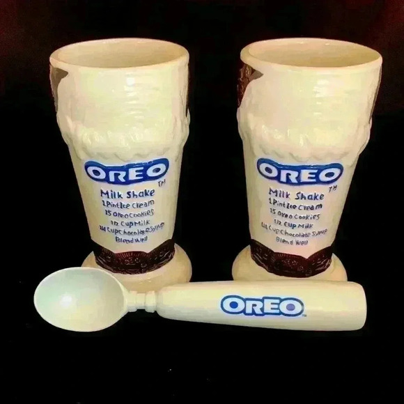 Vintage Oreo Milkshake Ceramic Malt Glasses (2) with Recipe on Side and Scoop - Picture 1 of 11